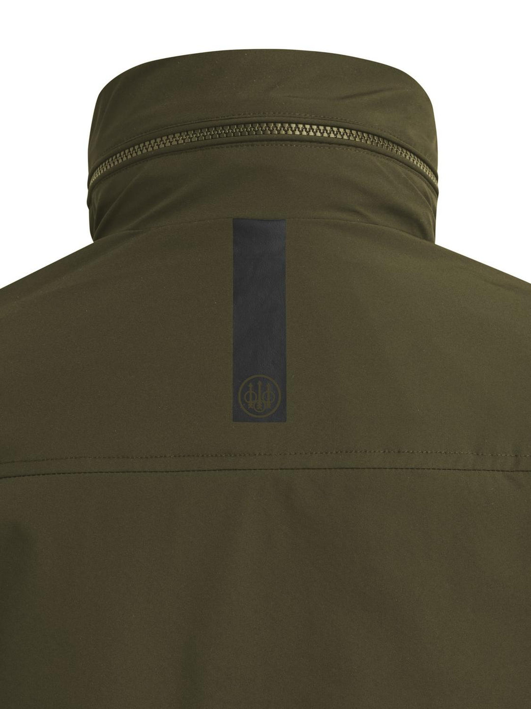 Beretta Pursuit 2 in 1 Jacket in olive green, close-up of the collar, zip and back logo strip