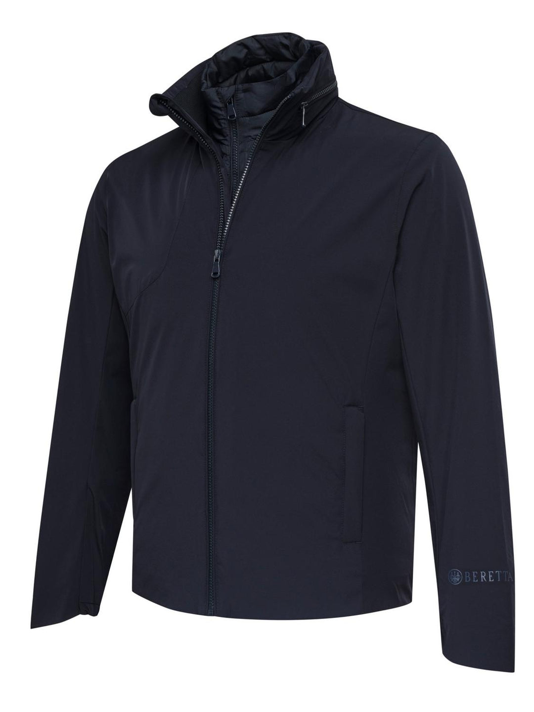 Beretta Pursuit 2 in 1 Jacket in navy blue, men's three-quarter front view with collar up and full zip