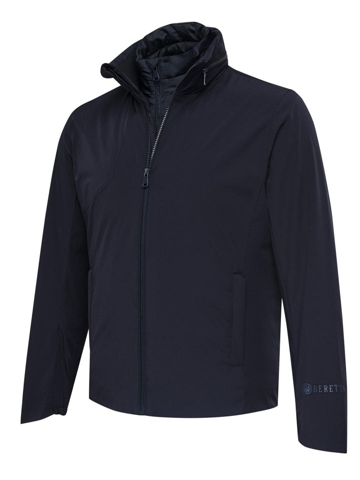 Beretta Pursuit 2 in 1 Jacket in navy blue, men's three-quarter front view with collar up and full zip
