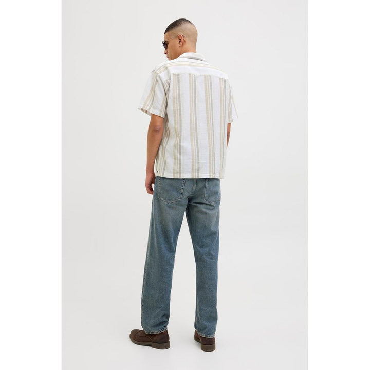Jack & Jones Jack & Jones Premium revere collar linen shirt in White with Green stripe Travertine