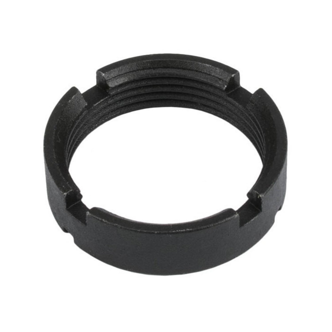 Smith & Wesson round castle nut, black steel threaded ring with notched slots around the rim, shown at a three-quarter angle on white