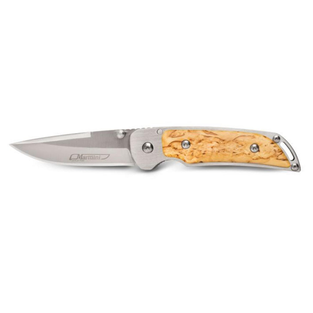 Marttiini MFK-CB folding knife shown open, side view with a satin stainless drop-point blade, polished steel bolsters and a pale curly-birch handle scale.