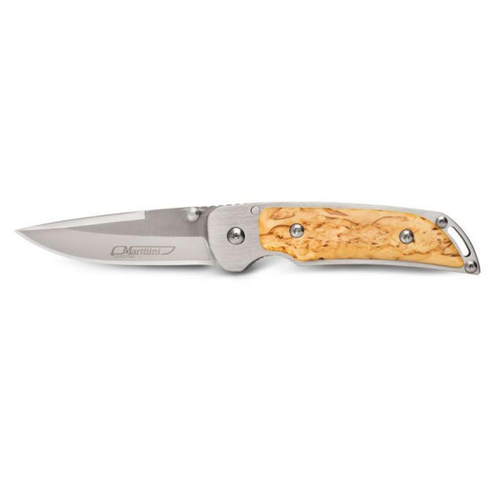Marttiini MFK-CB folding knife shown open, side view with a satin stainless drop-point blade, polished steel bolsters and a pale curly-birch handle scale.