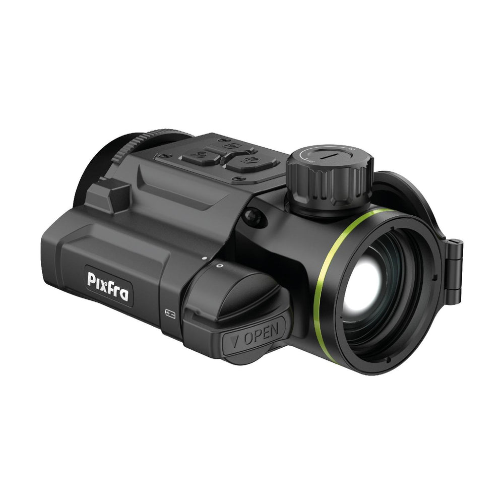Pixfra Taurus T425 clip-on thermal, front three-quarter view showing the Pixfra logo, hinged battery cover and eyepiece collar