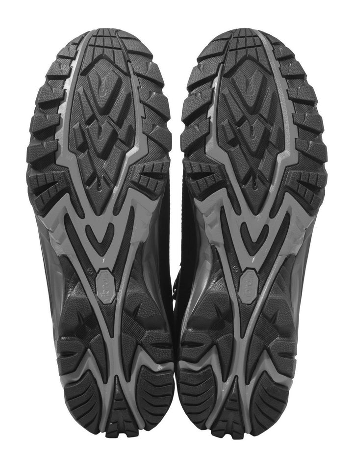 Second sole view taken from further back, the full lug pattern and heel brake visible across both outsoles.