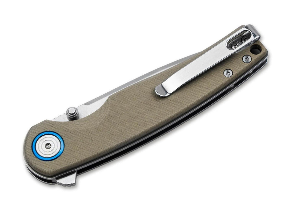 Böker Magnum Rekin folding knife, tan handle back view showing steel pocket clip and blue pivot ring
