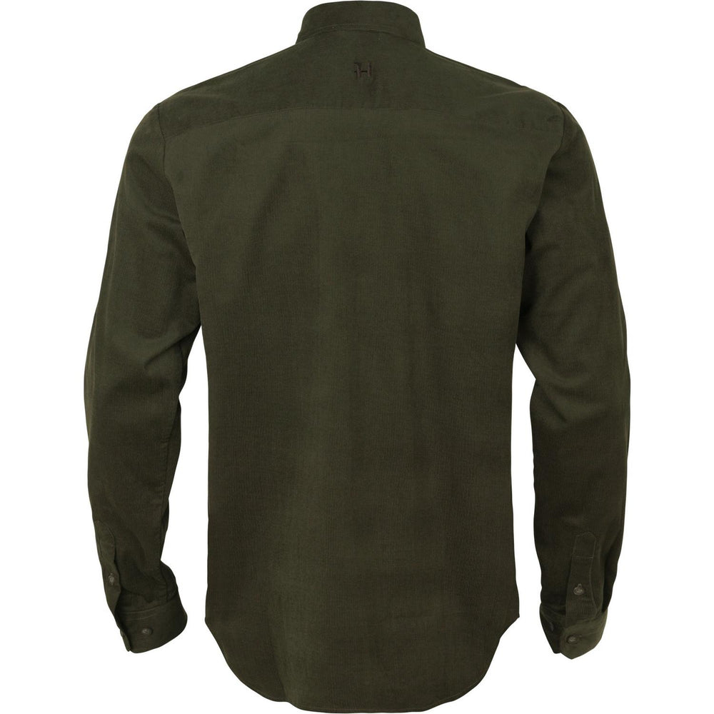Back view of the dark olive Kaldfjord corduroy shirt laid flat on white, plain yoke with a small tonal logo below the collar and a curved shirt-tail hem.