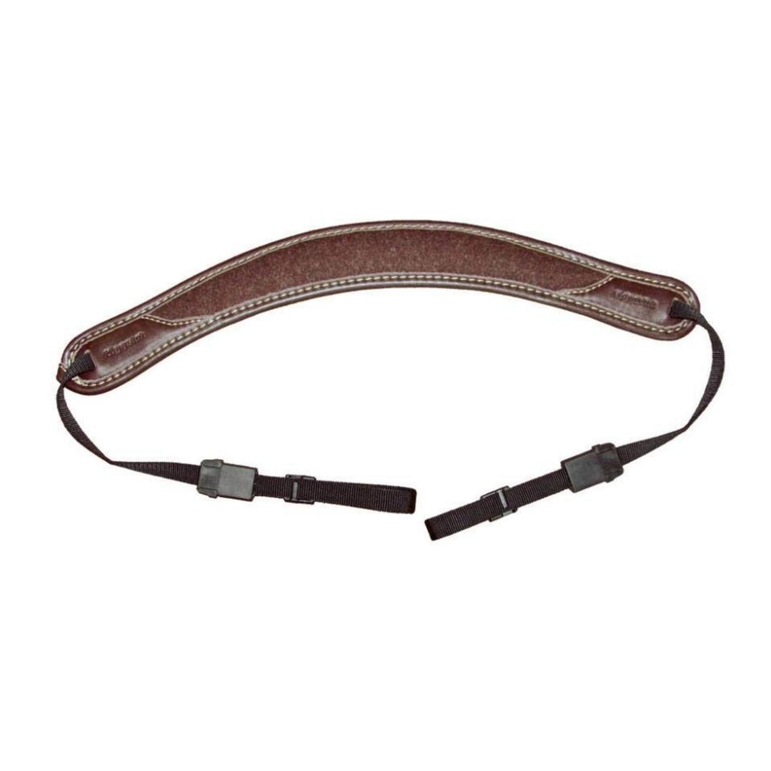 Niggeloh Classic binocular strap in loden brown, alternative view showing the padded neck section and adjusters