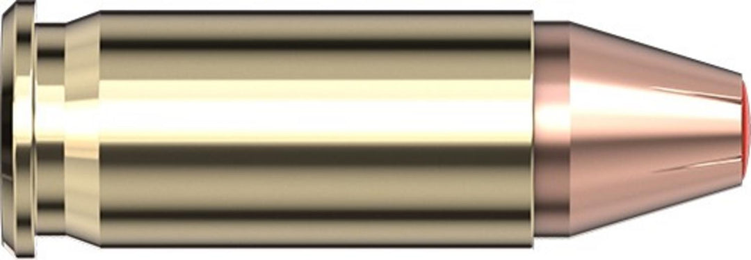 Loaded Hornady .25 Auto 35gr FTX cartridge lying horizontally on white, brass case with a copper-jacketed FTX bullet seated in the mouth