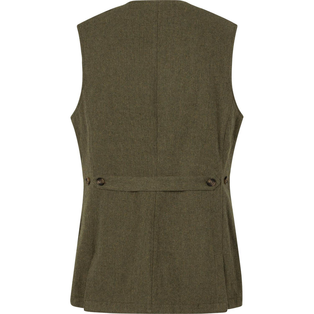 Back of the ladies olive tweed waistcoat shown flat, with a buttoned half-belt across the waist and a centre seam.