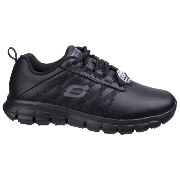 Skechers Workwear Sure Track Erath Occupational Shoe Black - Side stitched stripe designs with S logo, Lace up sporty casual comfort slip resistant work sneaker design
