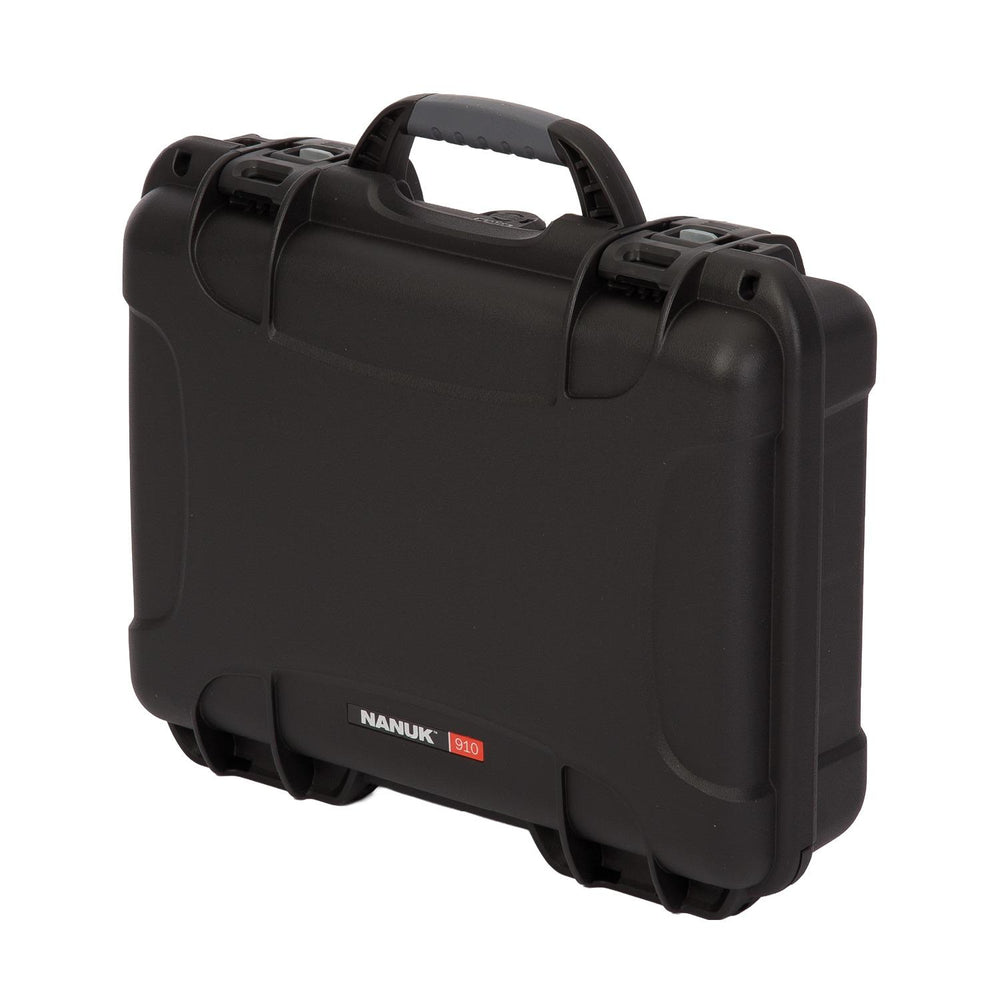 NANUK 910 hard case closed, three-quarter view from above showing the moulded lid, latches and red NANUK badge.
