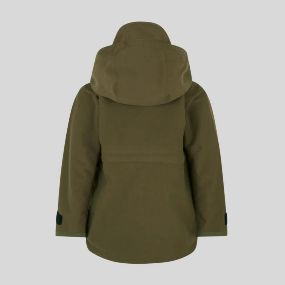 Rear view of the olive green Ridgeline Kids Monsoon Classic jacket, showing the hood, back yoke and dropped tail hem.