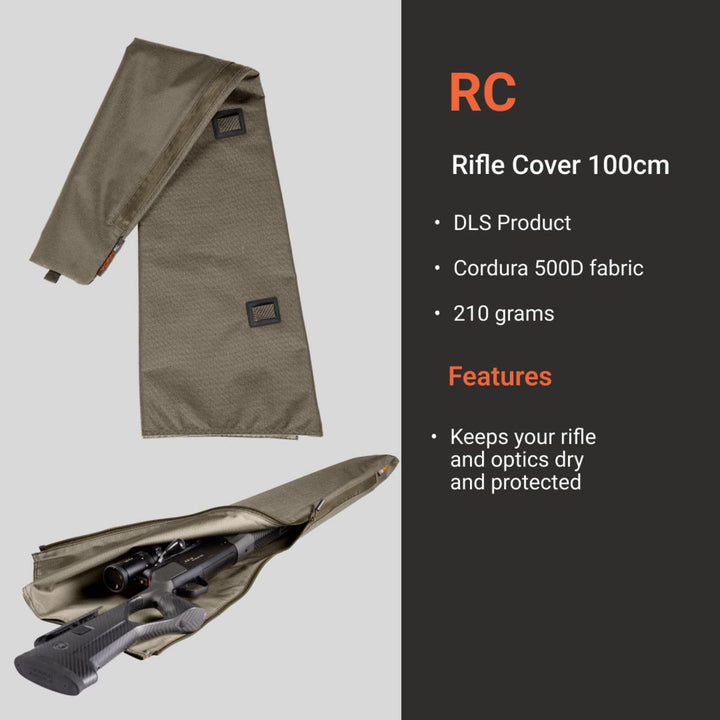 Vorn RC spec panel: Rifle Cover 100cm, DLS Product, Cordura 500D fabric, 210 grams; Features - keeps your rifle and optics dry and protected. Shows the folded olive cover and one slipped over a scoped rifle.