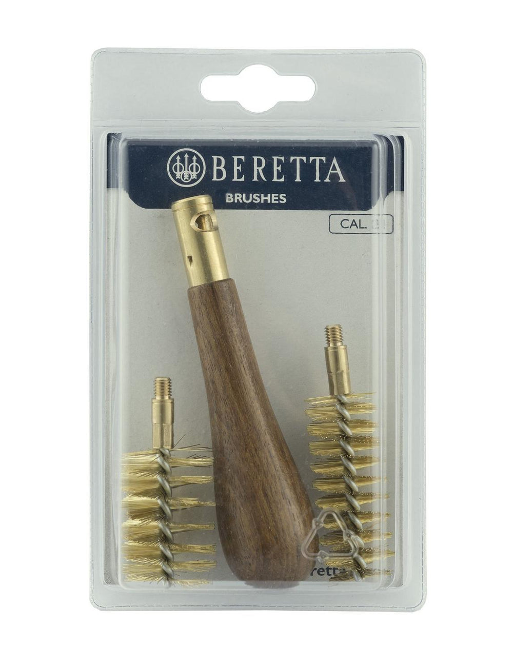 Second view of the same Beretta Brushes blister pack, front-on, showing the wooden handle with brass ferrule and the pair of brass choke brushes behind the clear blister.