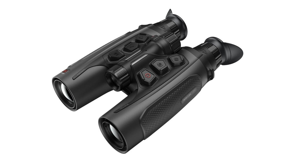 HIKMICRO Habrok 4K 2.0 HH35L binoculars in black, angled three-quarter view from the right with the central top controls and rubber-textured body