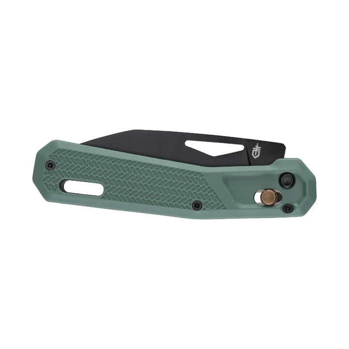 Gerber Vista knife closed, sage green handle scale with the pocket clip and Gerber sword-and-shield logo, side view