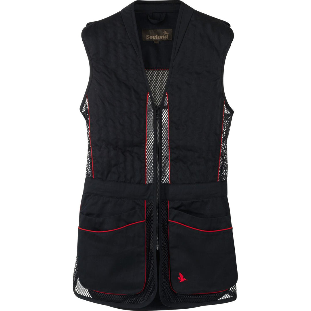 Seeland Skeet II shooting waistcoat in black with honeycomb mesh side panels and red piping, shown front-on on an invisible mannequin