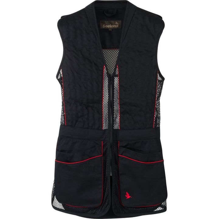 Seeland Skeet II shooting waistcoat in black with honeycomb mesh side panels and red piping, shown front-on on an invisible mannequin