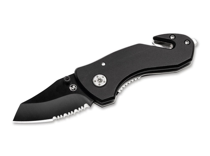 Böker Magnum Black Rescue folding knife with black blade, serrated edge and glass-breaker tip, side view on white