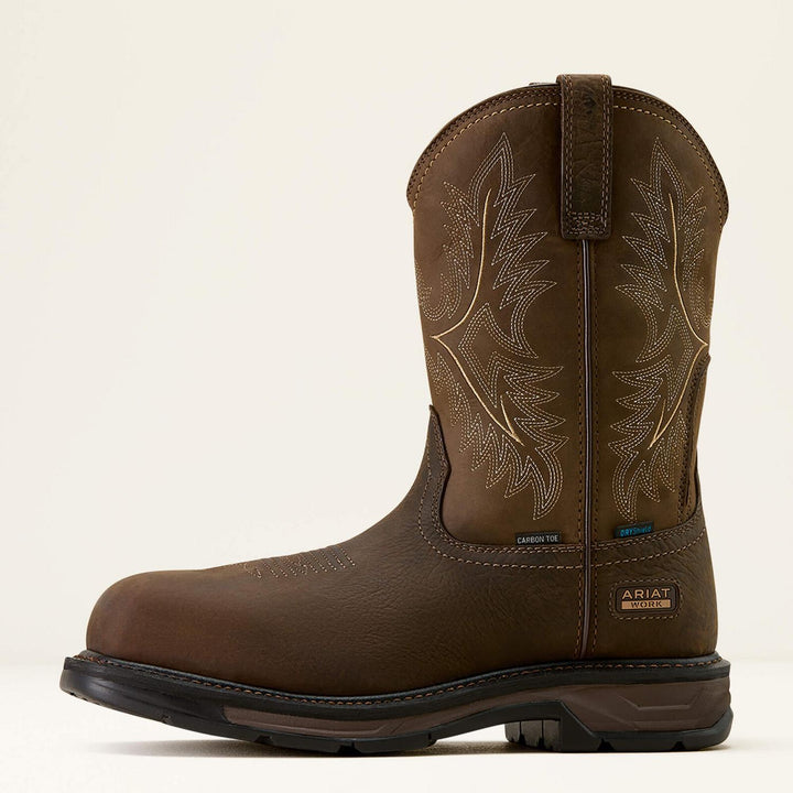 Ariat WorkHog XT boot in brown, side profile showing the tall embroidered shaft, waterproof badge and thick rubber outsole