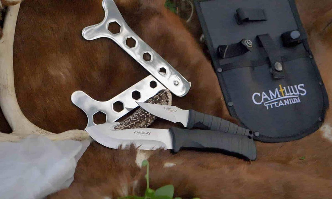 Camillus 5 Piece Essential Hunting Kit / Includes Fixed Blade Gut Hook, Caping Knife, Rip Spreader, Sheath & Gloves