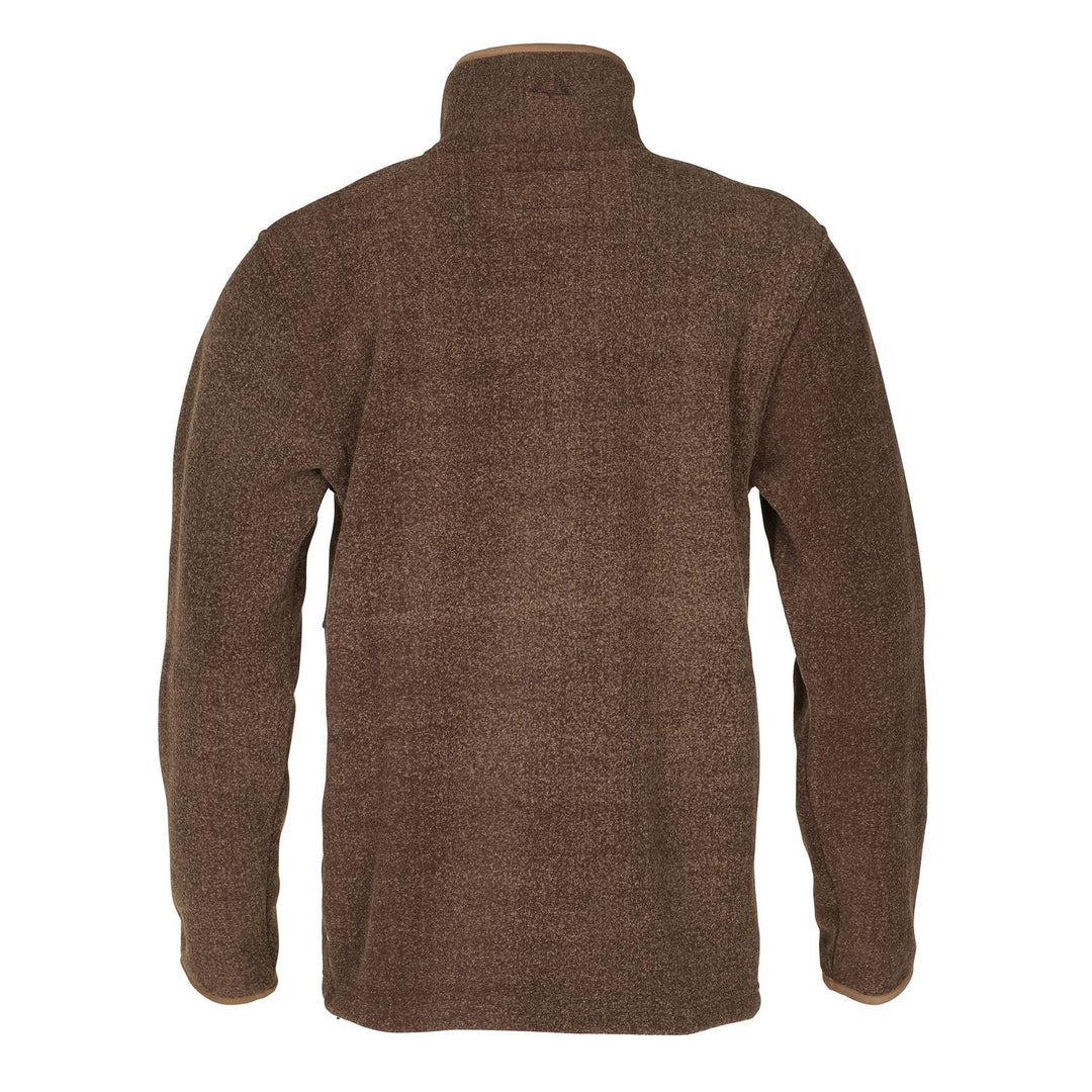 Rear view of the brown colourway on an invisible mannequin, plain back panel below the tan-bound stand collar.