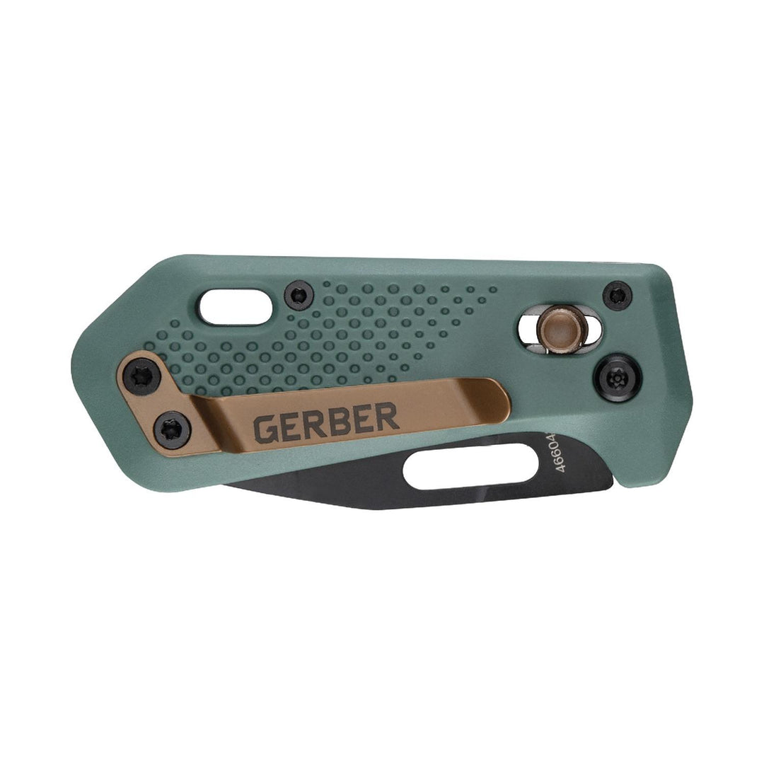 Close-up of the Gerber Nectar handle, dimpled sage green scale with the bronze Gerber inlay and the blade closed inside