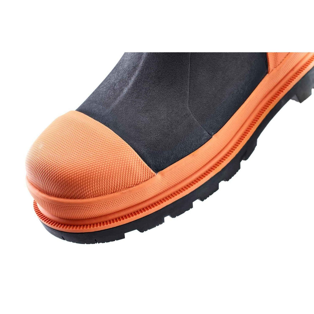 Close-up of orange non-metallic safety toe cap and black upper on Grubs Ceramic Driver 5.0 S5 ankle boot