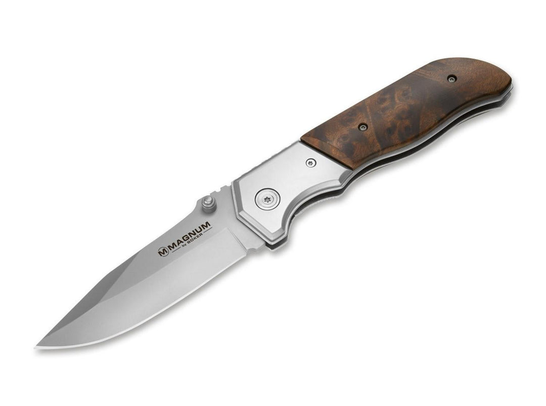 Böker Magnum Forest Ranger folding knife with burr wood handle and polished steel bolsters, satin blade open, side view