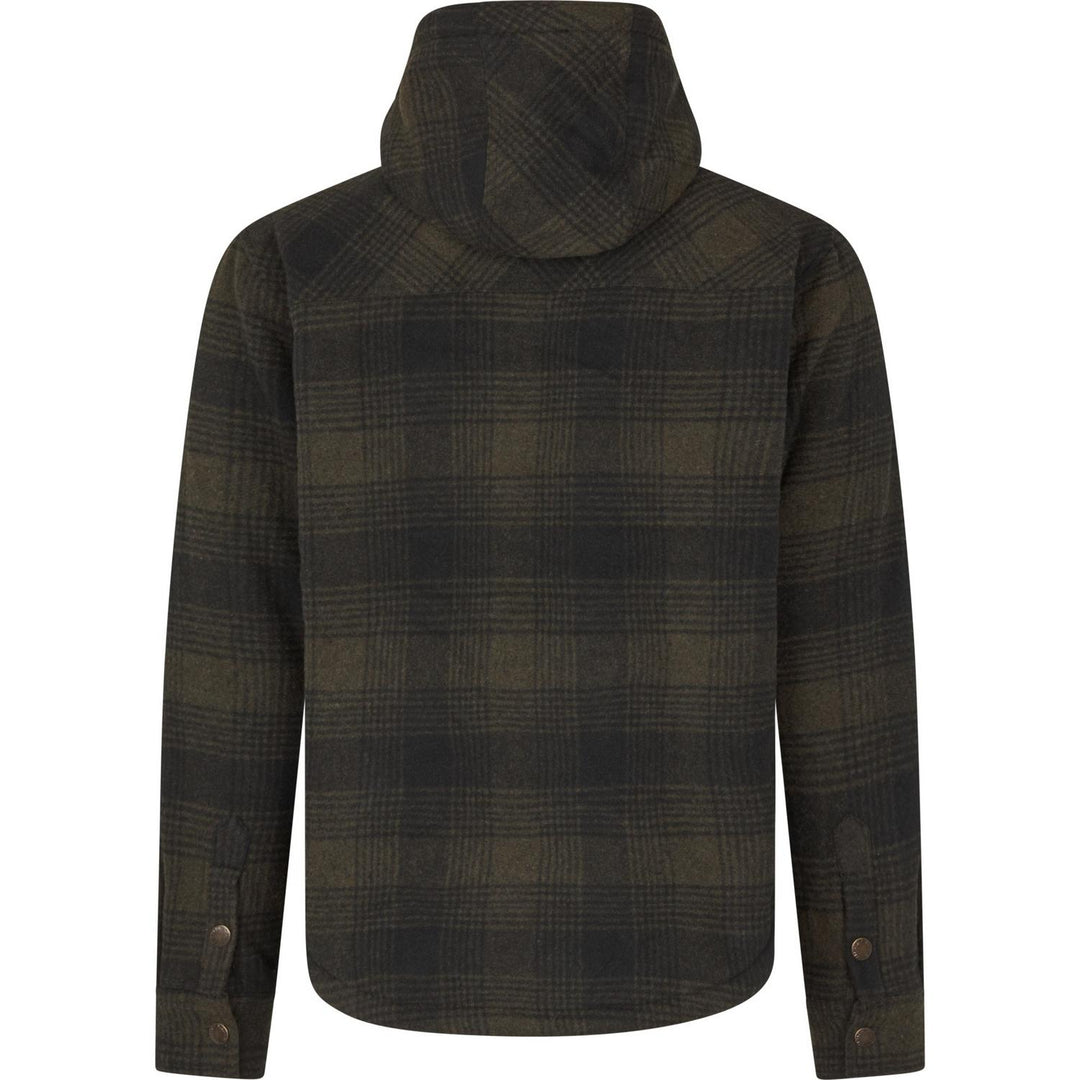 Seeland Canada Yukon jacket in olive check wool, rear view showing the plain back and hood