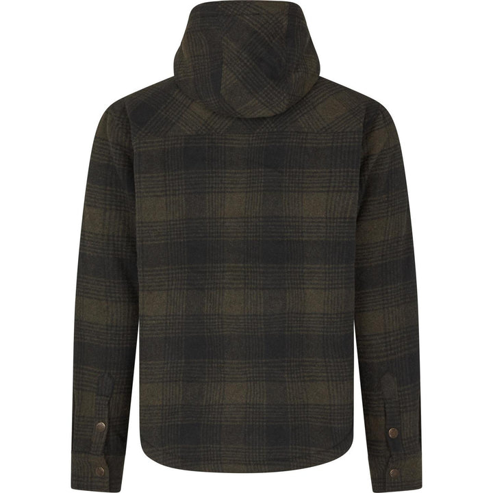 Seeland Canada Yukon jacket in olive check wool, rear view showing the plain back and hood