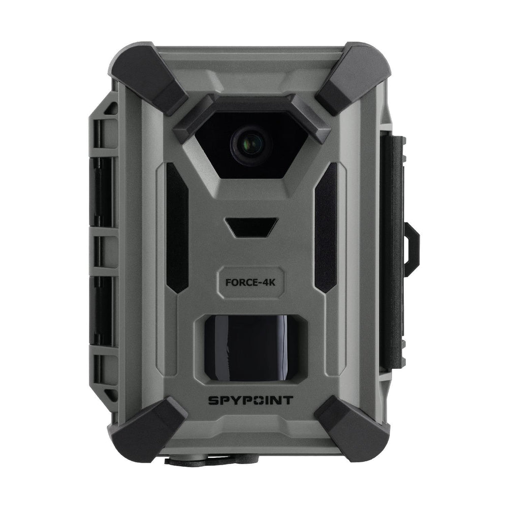 Spypoint Force-4K trail camera front-on: grey armoured housing with the camera lens, FORCE-4K label and SPYPOINT branding along the base.