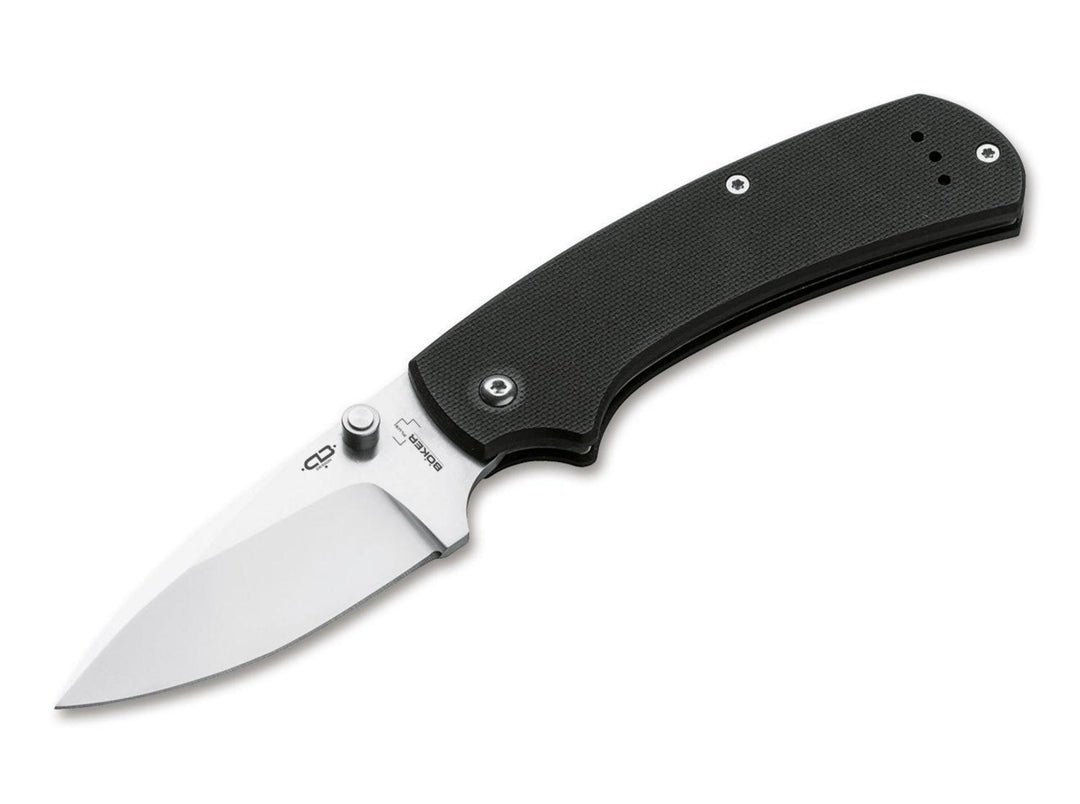 Böker Plus XS Drop folding knife with black G10 handle and satin drop-point blade, open, side view on white