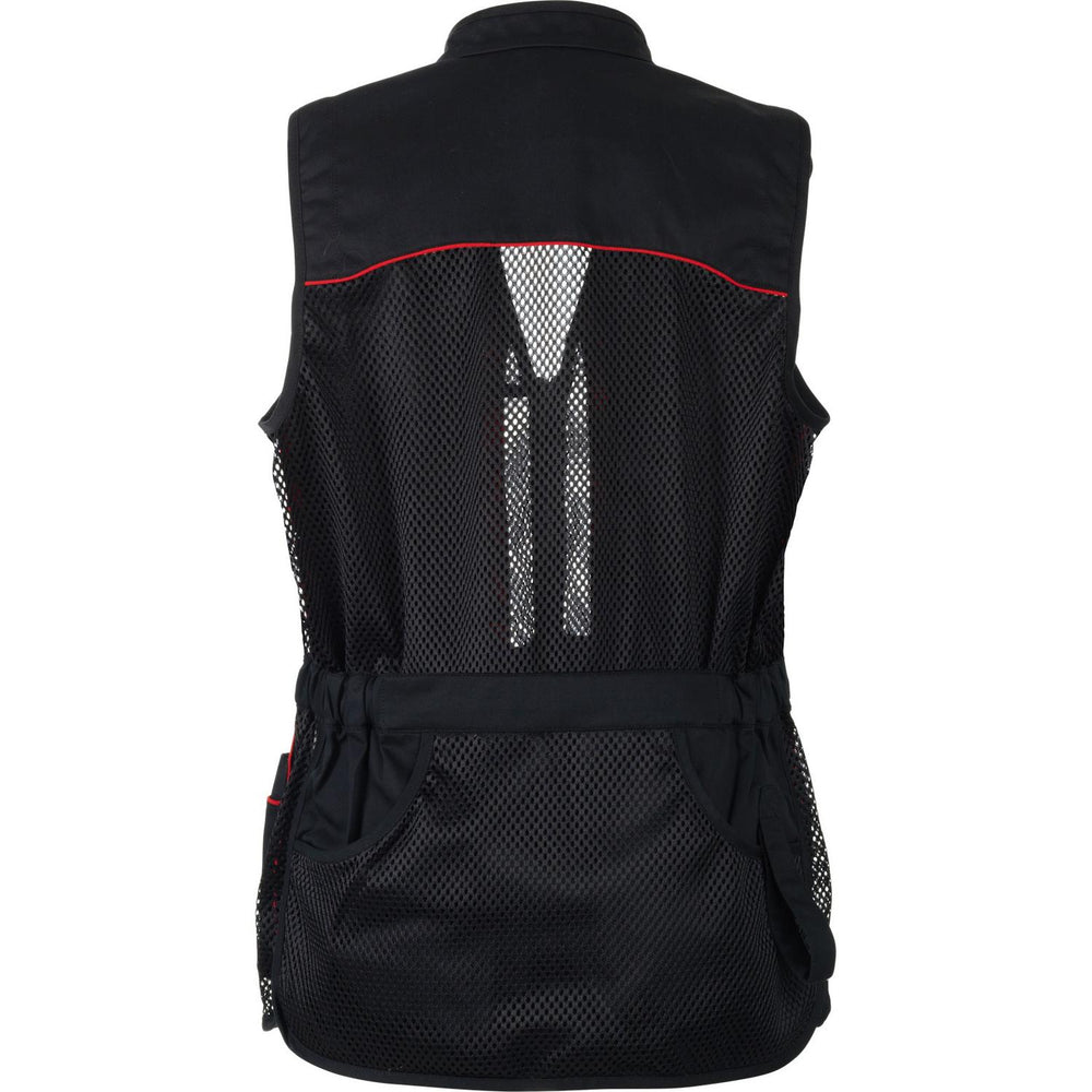 Back of the black Seeland Skeet II waistcoat, showing the full mesh back panel, elasticated waist tie and twin rear game pouches
