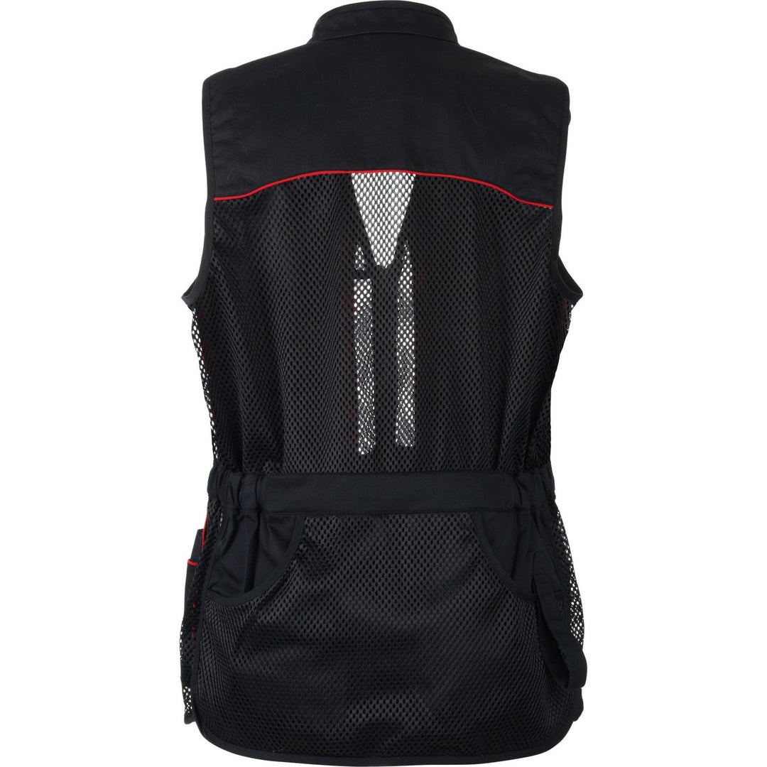 Back of the black Seeland Skeet II waistcoat, showing the full mesh back panel, elasticated waist tie and twin rear game pouches