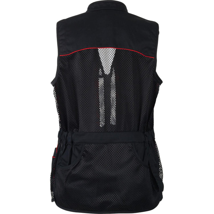 Back of the black Seeland Skeet II waistcoat, showing the full mesh back panel, elasticated waist tie and twin rear game pouches