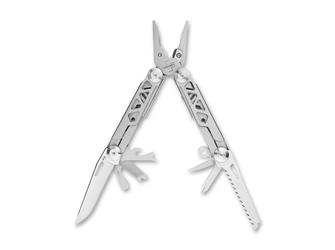 Böker Plus Specialist Pro multitool open with pliers, knife blade and saw blade fanned out, stainless steel handles