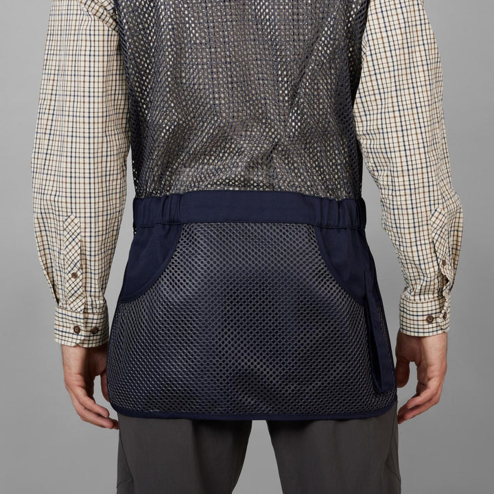 Rear view on a model: Skeet II navy waistcoat mesh back and elasticated waist strap over a check shirt