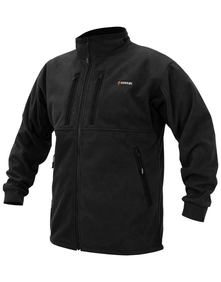 Swazi fleece jacket in black, front view with twin zipped chest pockets and a stand collar.