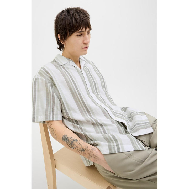 Jack & Jones Jack & Jones Premium revere collar linen shirt in White with Green stripe Vetiver