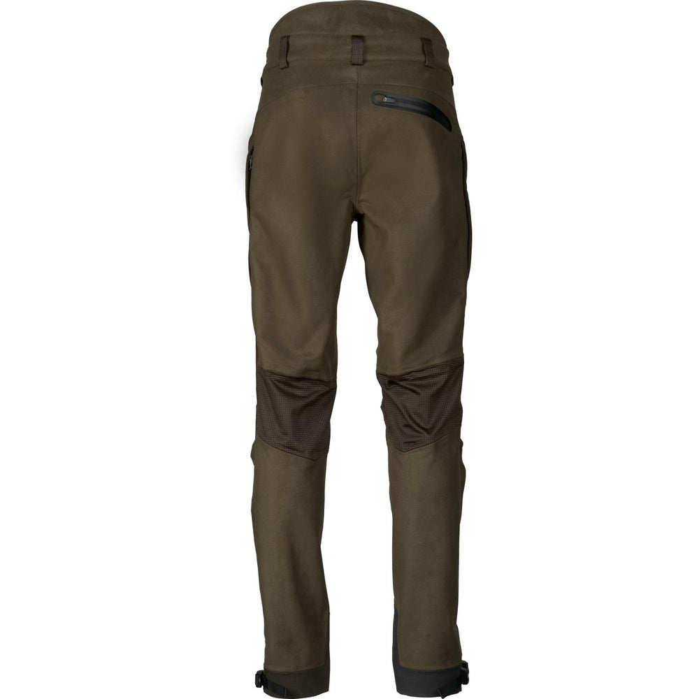 Seeland Climate Hybrid trousers, rear view in olive green showing the zipped back pocket and contrasting brown reinforced seat and knee panels.