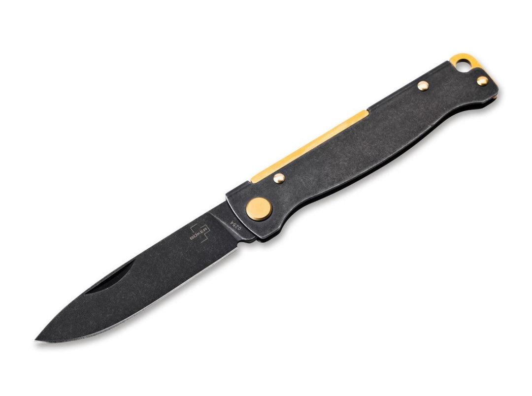Böker Plus Atlas Black Stonewash Brass folding knife with black stonewashed handle, brass accents and black blade, side view