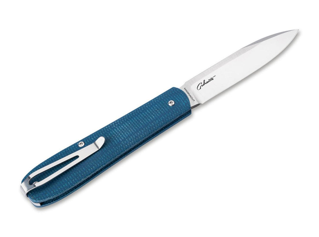 Böker Coffin pocket knife with blue denim micarta handle, reverse side view showing pocket clip