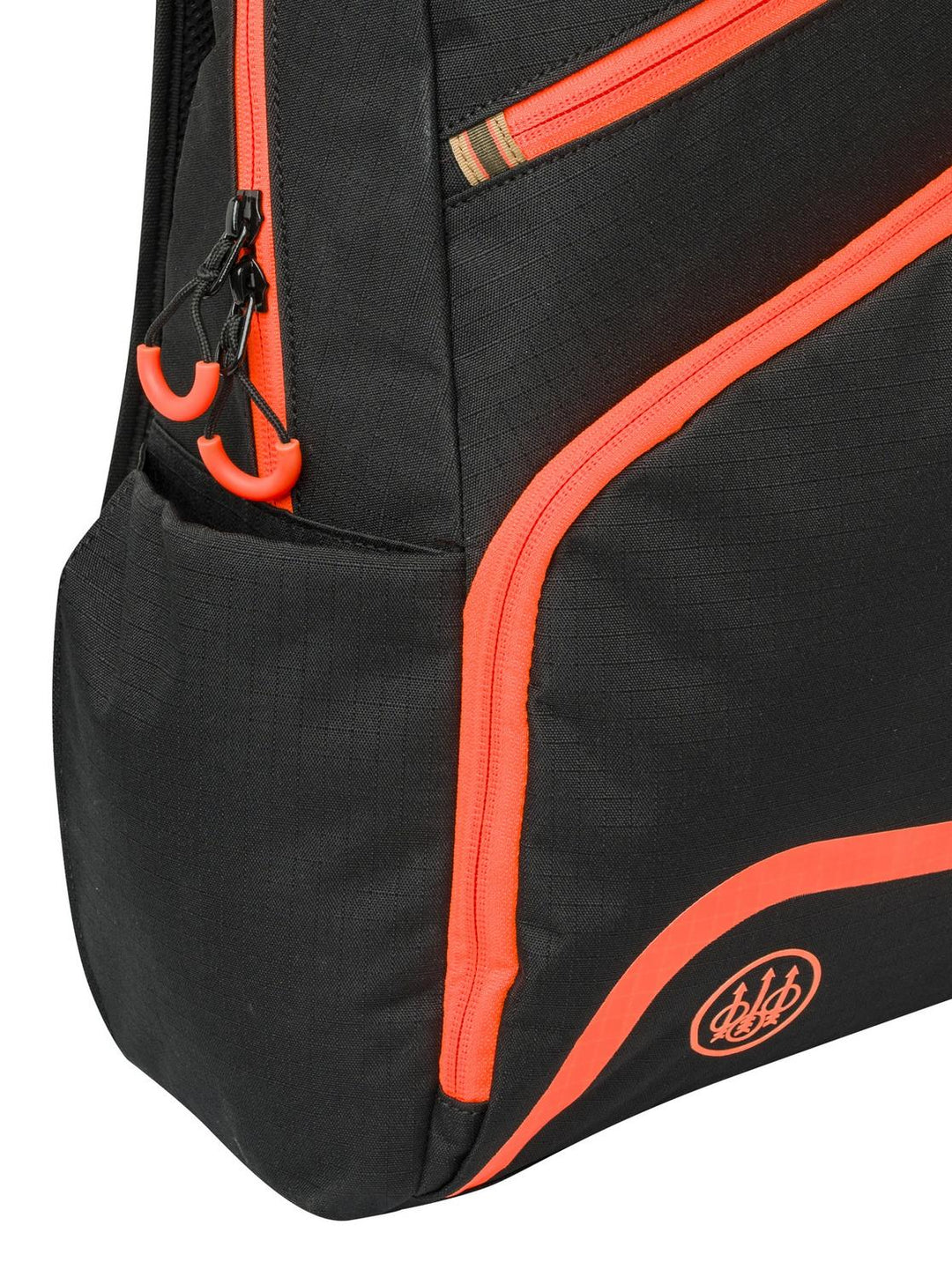 Close-up of the upper front of the black Beretta Challenge Backpack showing the orange zips, moulded zip pulls and top grab handle.