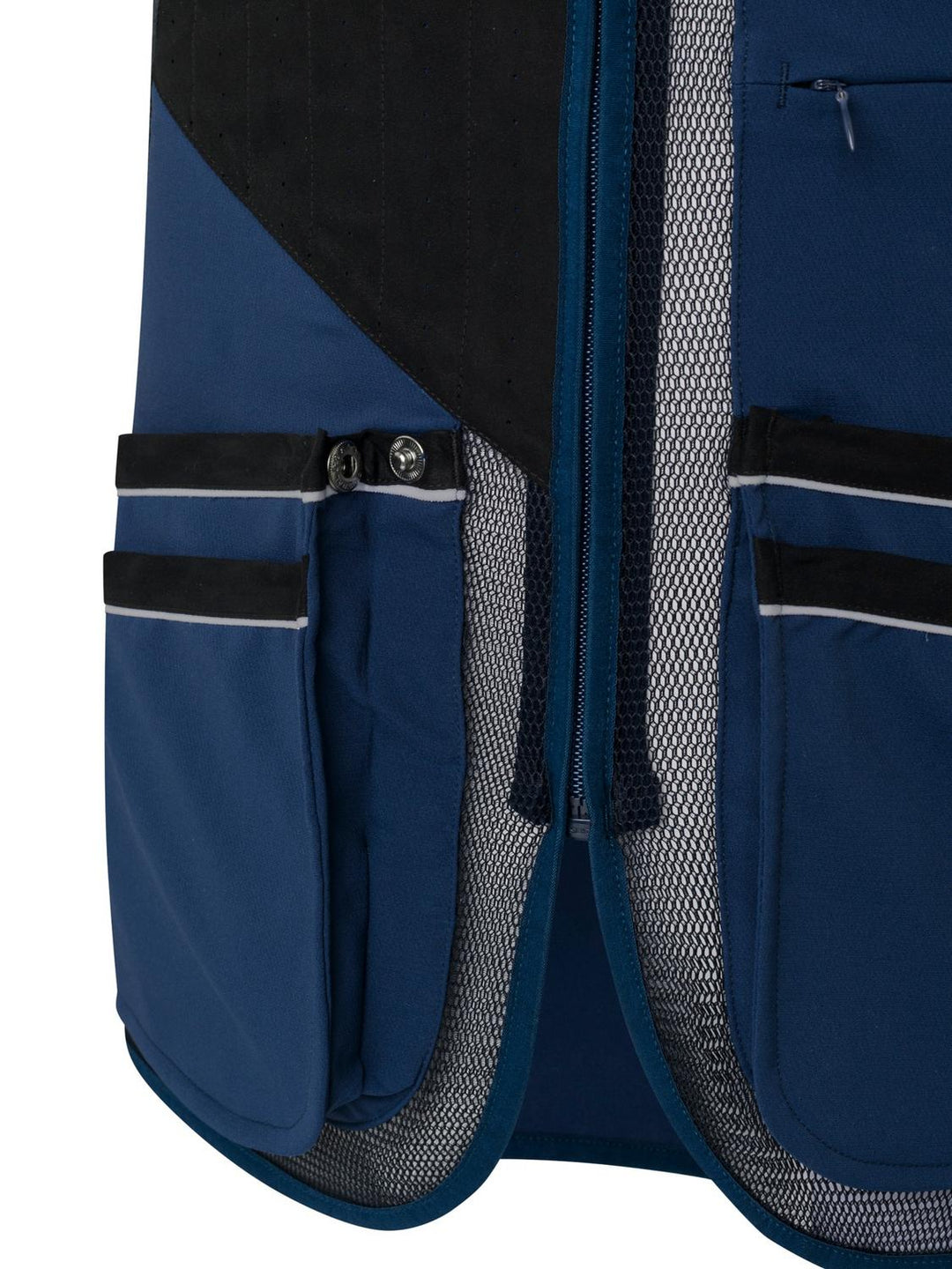 Beretta Crosser Vest, close-up of the lower front pockets and mesh lining in navy blue