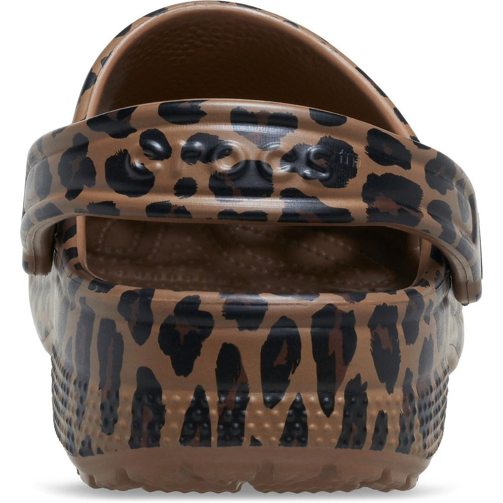Rear close-up of the leopard-print Crocs clog, showing the printed heel strap and moulded heel cup