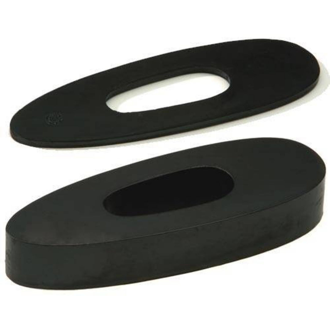 Wegu lengthening piece 4mm, two black rubber spacers with oval cut-outs stacked, angled view on white background