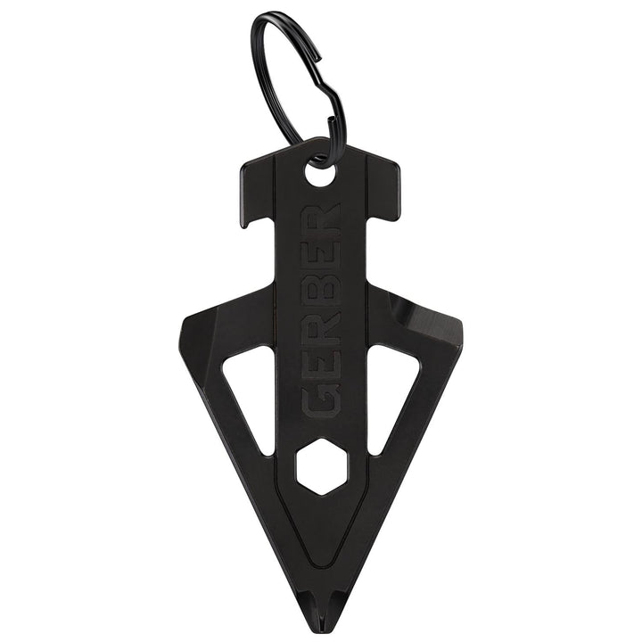 Gerber Broadhead keychain multi-tool in black, an arrowhead-shaped flat tool on a black split ring with GERBER etched down the body.