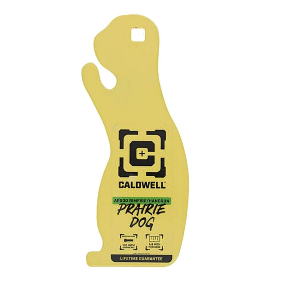 Caldwell AR500 rimfire and handgun prairie dog target, yellow-painted steel silhouette of a standing prairie dog with the Caldwell logo and hanging hole